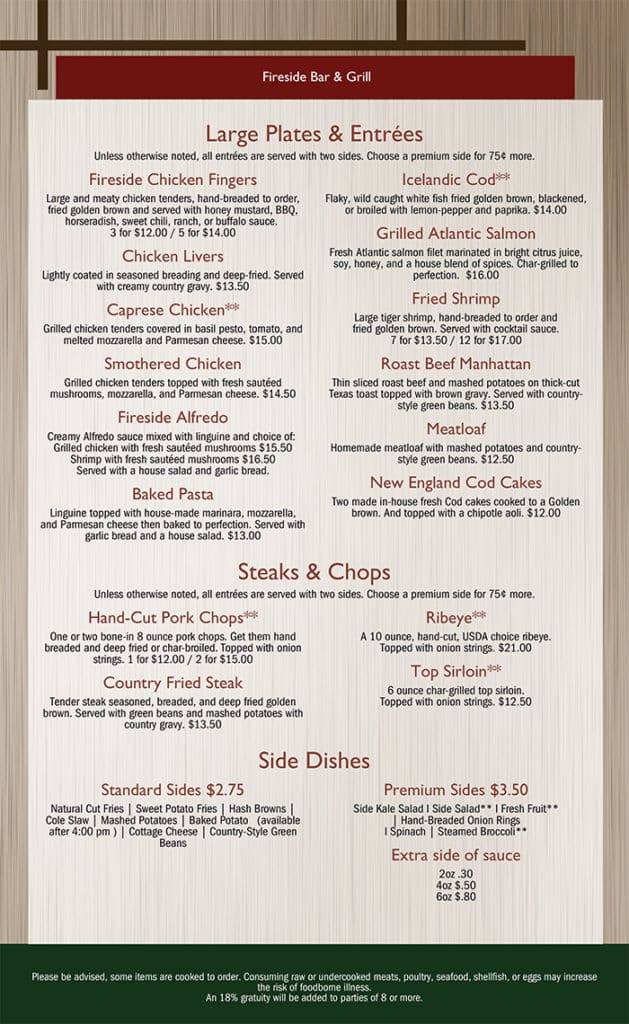 Our Menu Fireside Bar & Grill